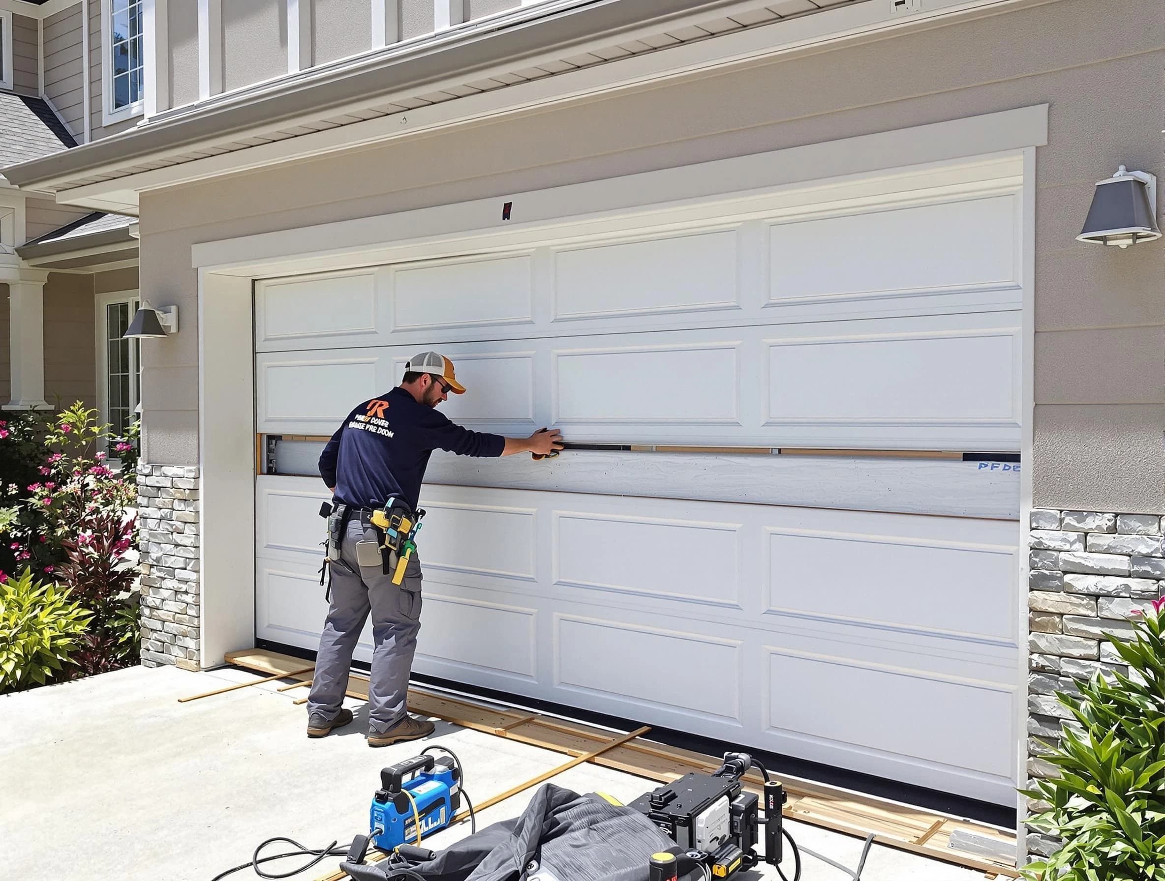 Lake Land'Or Garage Door Repair team performing complete garage door replacement at Lake Land'Or residence