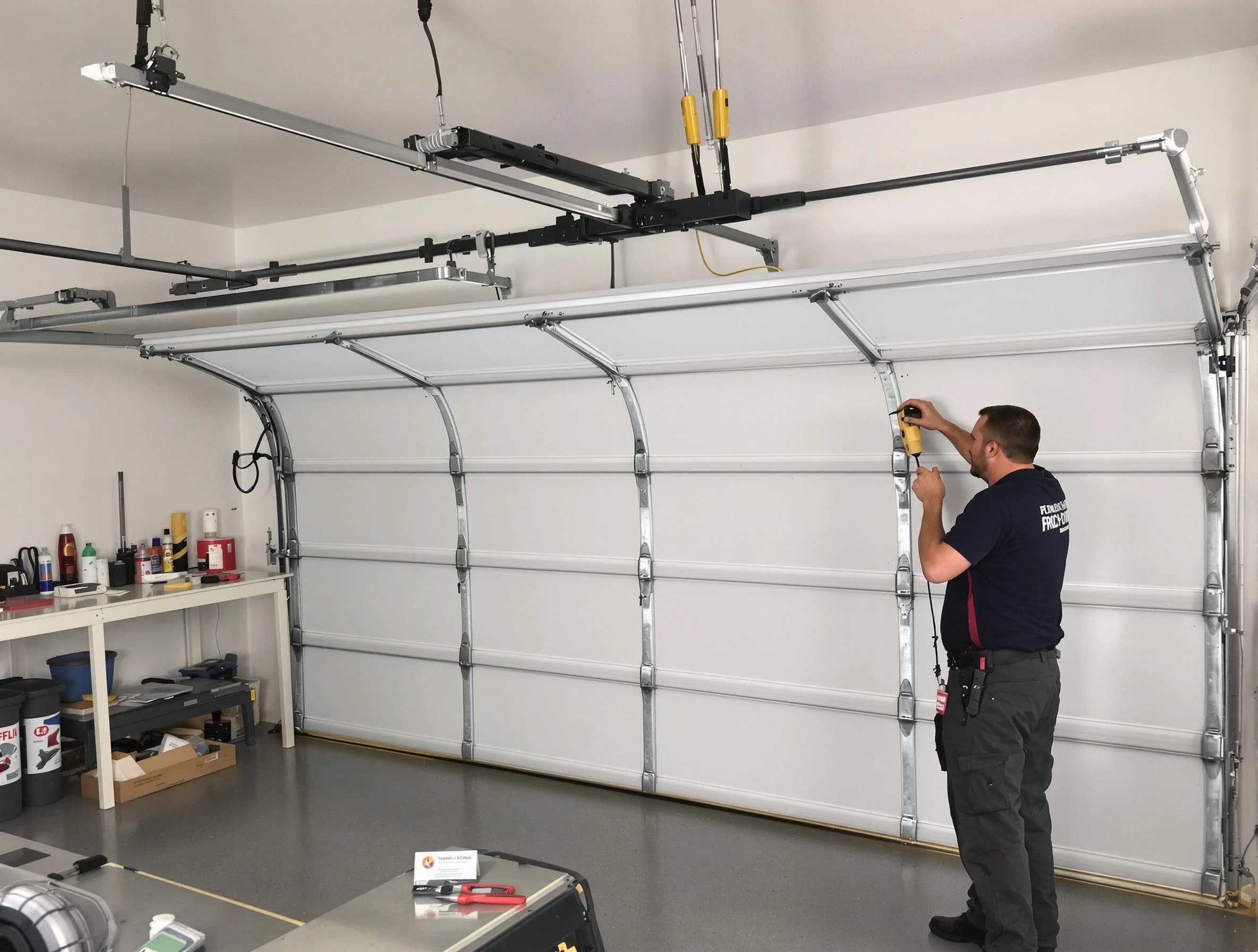 Lake Land'Or Garage Door Repair certified technician performing overhead door system repair in Lake Land'Or